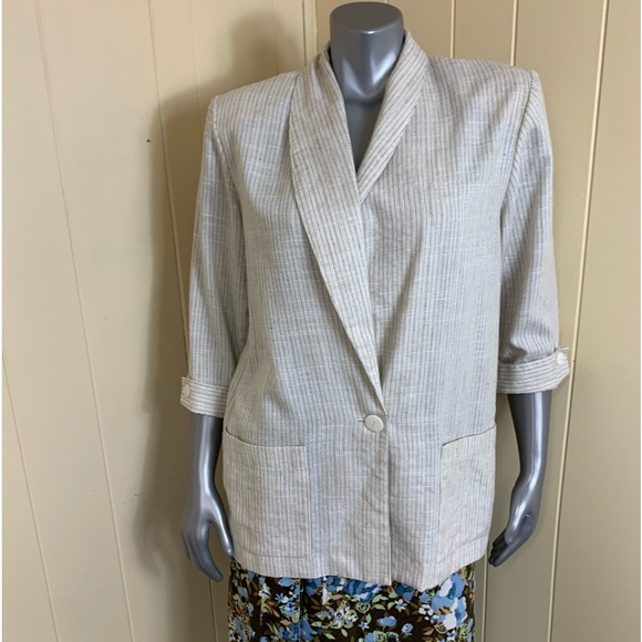 Vintage Mitchell Mitchell blazer 3/4 length sleeve Beige pin Stripe Size 10 - Picture 1 of 10